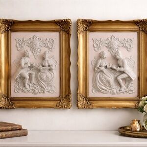 Alt Meissen Style Rococo Relief Wall Plaques Gold Frame Set